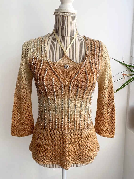 Vintage 90s Sheer Beaded Sweater Size S, Camel Beige Rust Brown Shiny Lame Cropped Grunge Sweater, Mesh Sleeve Tie Neck Knitted Pullover Top