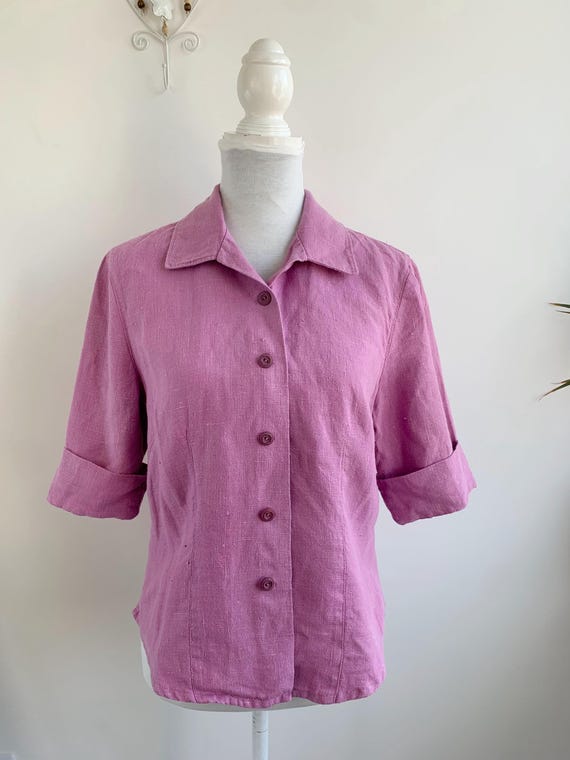 Lilac Pink Linen Short Sleeve Shirt Size L/XL, Vintage Button Up Blouse with Collar, Casual Shirt For Women, Summer Office Clothes, Flax Top