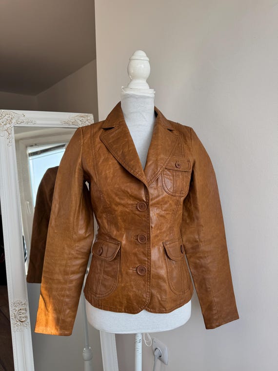 Camel Brown Leather Blazer for Women Size S, Vintage Y2K BLENDShe Collared Button Up Tan Leather Jacket, Boho Grunge Cropped Leather Coat