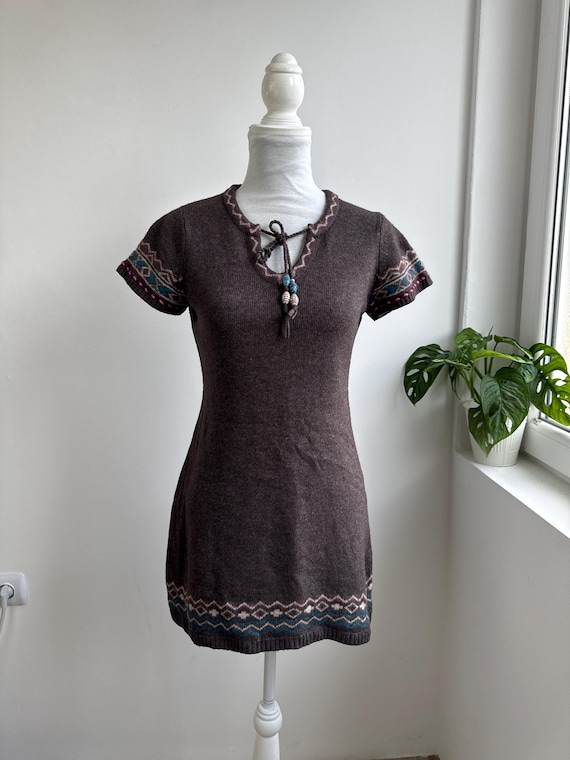Vintage Esprit Nordic Fair Isle Sweater Size M,  Wool Angora Cashmere Blend Brown Tunic Top,  Tie Neck Short Sleeve Boho Pullover Mini Dress