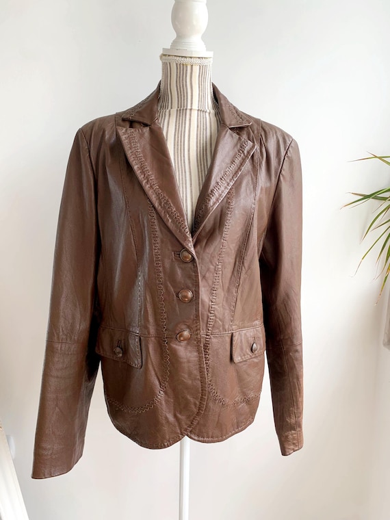 Vintage 90s Does 70s Brown Real Leather Blazer for Women Size XL Soft Boho V Neck Collared Slim Fit Button up Jacket Spring Outerwear Coat