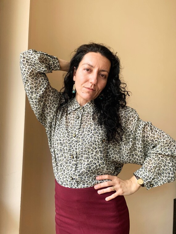 Vintage 90s Sage Green Semi Sheer Button Up Shirt for Women Size 44 L, Collared Loose Fit Long Sleeve Shirt, Animal Print Spring Office Top