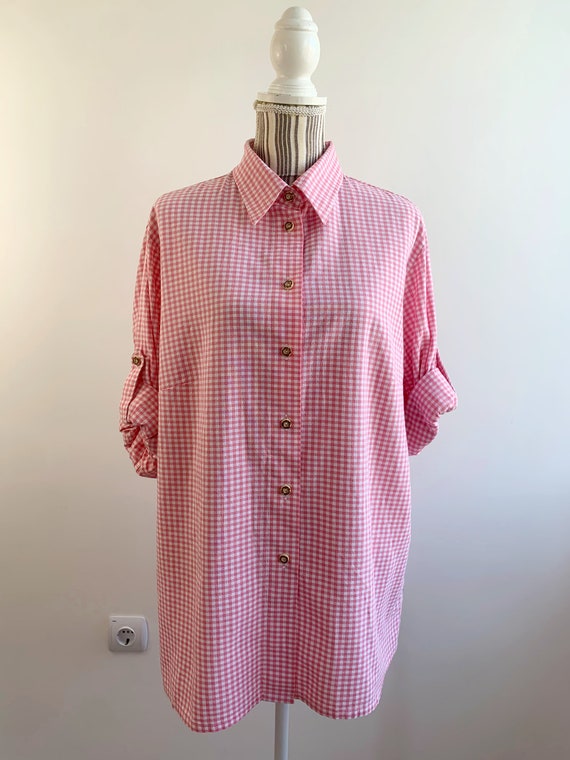 Vintage Tartan Plaid Shirt for Women Size XXL, Plus Size Pink White Gingham Collared Blouse, Roll Up Sleeves Cotton Button Up Overshirt
