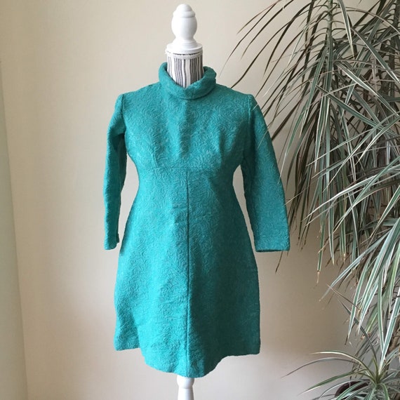 Vintage 60s Mod Mini Dress, Teal High Collar Shift Dress, Turquoise Short Day Dress, Retro Fall Dress Size S XS
