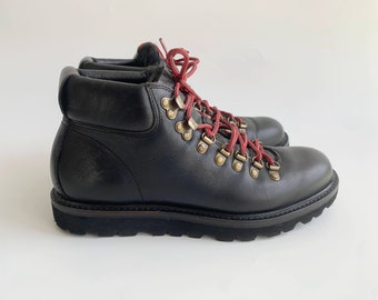 Vintage 90s Women Hiking Oxford Boots Size EUR 39, UK 5, US 7.5 , Black Leather Lace Up Boots, Shearling Lining Ankle Boots, Low Hiker Boots