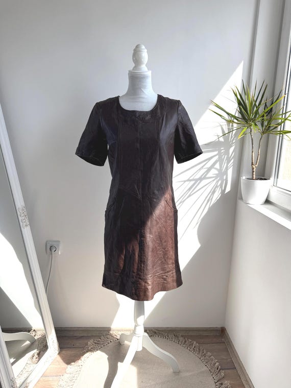 Vintage Aleksander Brown Leather Dress, Short Sleeve Genuine Leather Mini Dress, Minimalist Retro 90s Shift Dress Side Pockets Women's S