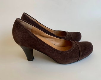 Brown High Heel Suede Leather Shoes for Women Size 37 1/2, Vintage 90s Heeled Slip On Shoes by Salamander, Classic Casual Work Loafer Pumps