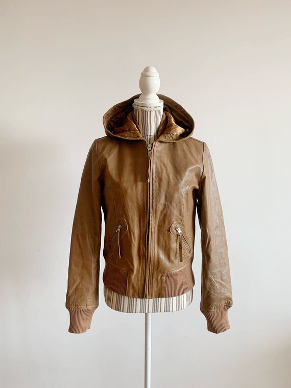 Vintage Hooded Leather Jacket for Women Size M, 90s Y2K Camel 