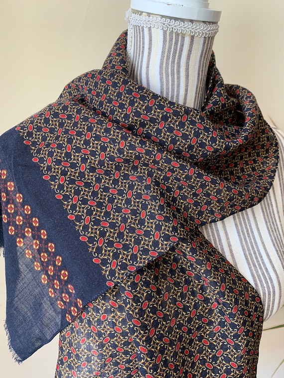 Navy Blue Red and Yellow Neck Scarf, Dark Blue Gold Thin Pure Fine Wool Shawl, Vintage 80s Neckerchief, Royal Blue Abstract Print Accessory