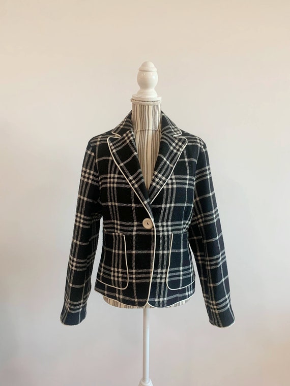 Vintage Y2K Black and White Tartan Blazer Jacket for Women Size L Plaid Cropped Wool Mix Coat Classic Checkered Short Fall Winter Coat
