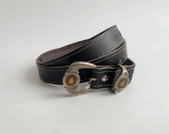Vintage Black Leather Belt 33 - 38" / 85 - 97 cm, Simple Leather Jeans Belt for Women, Real Leather Belt With Silver Tone Buckle, Waist Belt