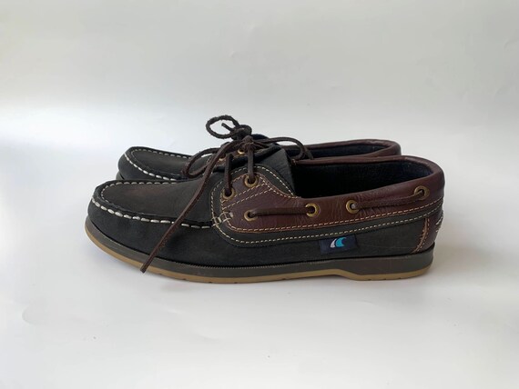 Vintage Black Leather Loafers  for Women Size 39, UK 5 1/2 US 7 1/2, Casual Nubuck Leather Moccasins, Flat Lace Up Shoes, Suede Deck Shoes