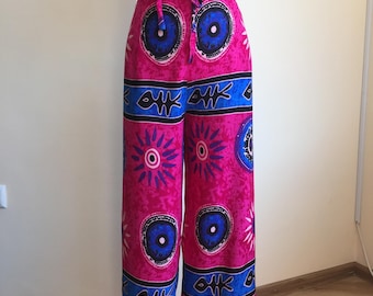 Vintage Boho Hippie Wide Leg Wrap Pants in Fuchsia Pink and Blue, Meditation Lounge Yoga Side Slit Pants, Boho Festival Open Leg Trousers,