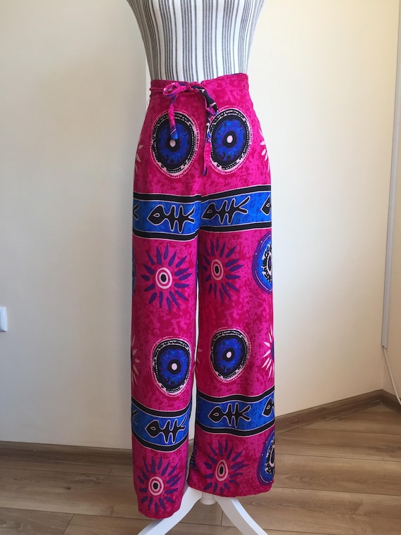 Vintage Boho Hippie Wide Leg Wrap Pants in Fuchsia Pink and Blue, Meditation Lounge Yoga Side Slit Pants, Boho Festival Open Leg Trousers,
