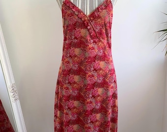 Vintage 90s MEXX Floral Grunge Dress Size L, Romantic Summer Midi Dress, Ruffled V Neck Sundress, Red Pink Orange Slip Dress, Slim Fit Dress