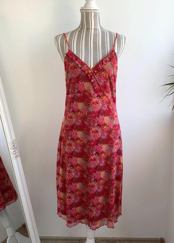 Vintage 90s MEXX Floral Grunge Dress Size L, Romantic Summer Midi Dress, Ruffled V Neck Sundress, Red Pink Orange Slip Dress, Slim Fit Dress