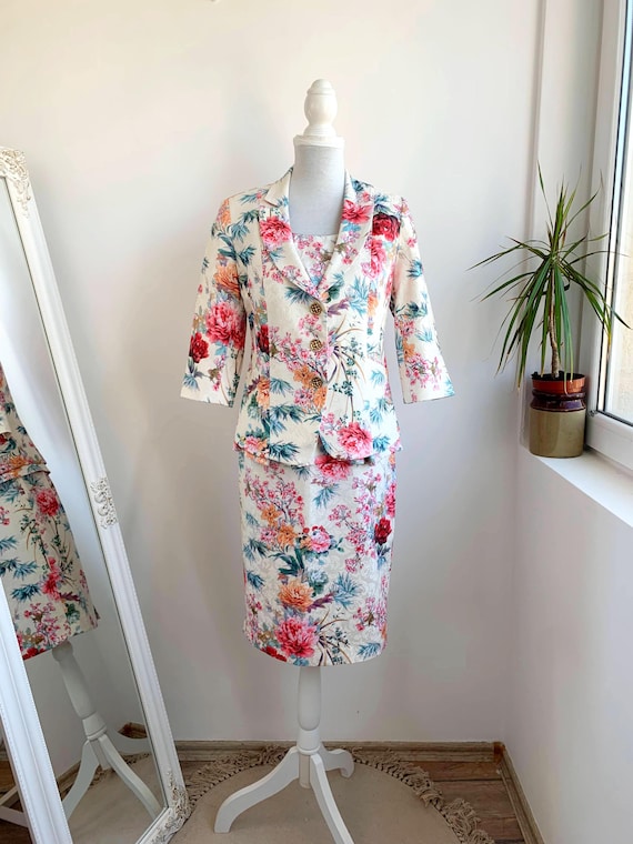 Vintage Y2K Women's Floral Skirt Suit Set Size S, Spring Blazer Pencil Skirt Peplum Top 3 Piece Set for Women, Midi Skirt Matching Set