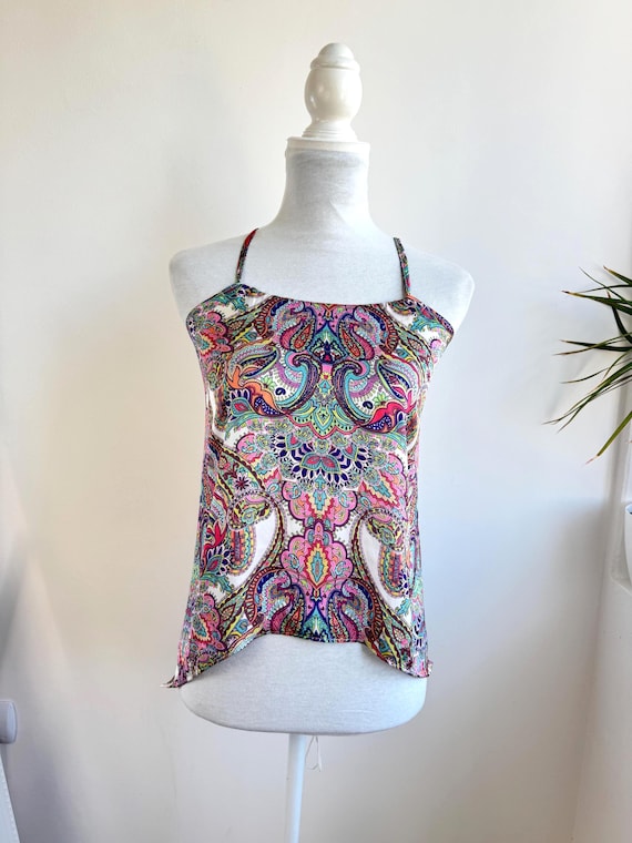 Vintage Paisley Print Camisole, Multi Color Halter Cami Top Pierre Cardin Paris, Y2K Criss Cross Back Summer Satin Vest Crop Top Size XXS XS