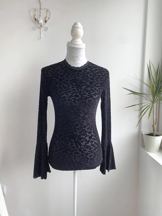 Black Velvet Burnout Bodysuit, Sheer Floral Leopard Like Print Mock Neck Bell Sleeve Leotard, Vintage 90s Y2K Mesh Grunge Goth Top Size S