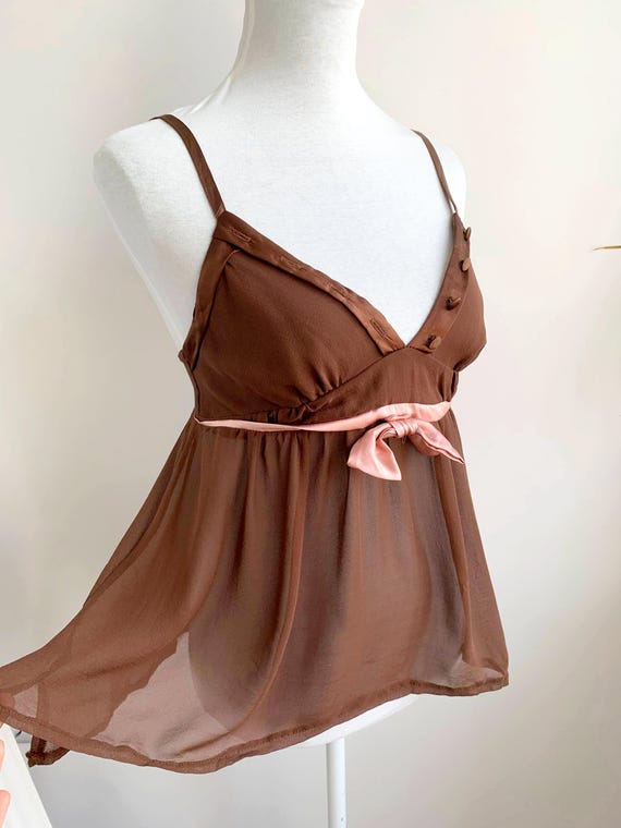 Vintage Y2K Brown 100% Silk Cami Top Size S, See Through Spaghetti Strap Tank Top, Mesh Chiffon Silk Camisole, Sheer Sexy Bowtie Lingerie