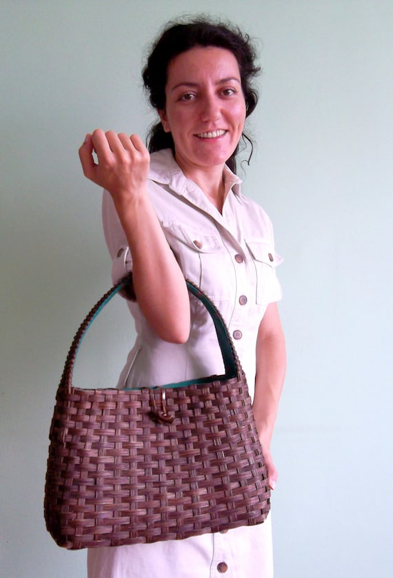 Splint Wood Woven Basket, Dark Brown Basket Handbag With Cotton Lining, Natural Wood Basket, Cottage Chic Top Handle Purse, Wicker Basket