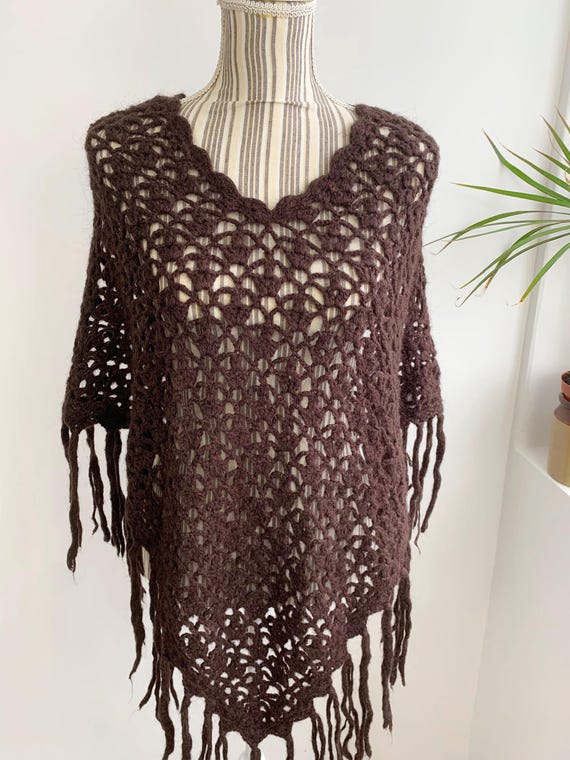 Vintage Brown Lace Crochet Poncho for Women, Chunky Fishnet Acrylic Mohair Poncho, Fringed Poncho Top, Bohemian Pullover Poncho Sweater