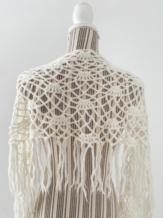 Off White Silver Lame Small Boho Crochet Shawl with Tassels, Narrow Lace Shoulder Wrap, Vintage Cover Up Shrug, Sheer Bohemian Shawlette