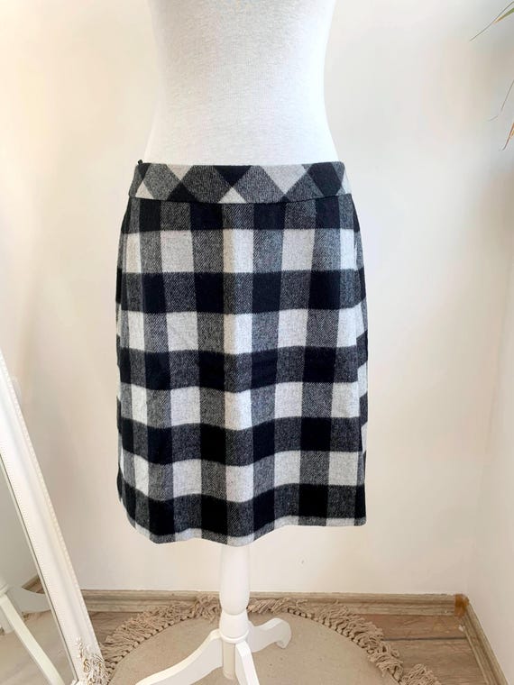 Vintage Y2K Wool Blend Plaid Skirt Size L, Black and White Checkered Mini Skirt, Short A Line Winter Skirt, Above The Knee Tartan Wool Skirt