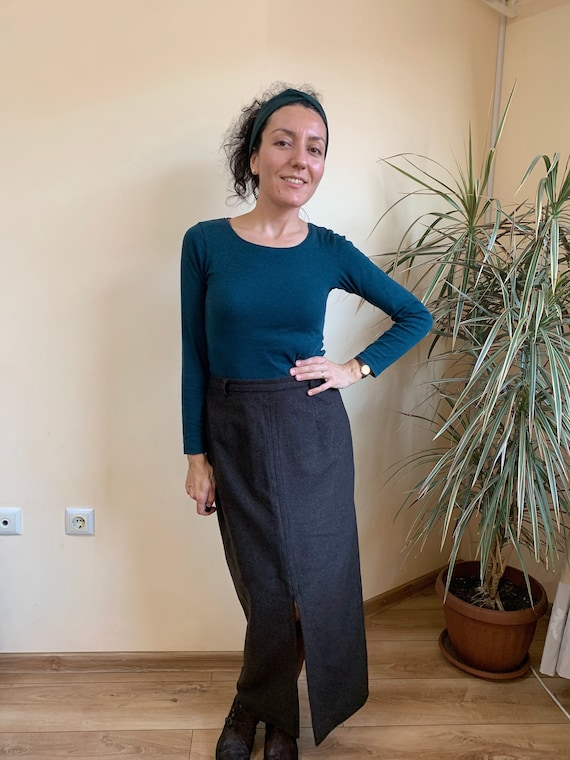 Dark Grey Wool Maxi Skirt Size S, High Waist Pencil Skirt, Vintage Women's Long Winter Skirt, Front Black Split Ankle Length Straight Skirt
