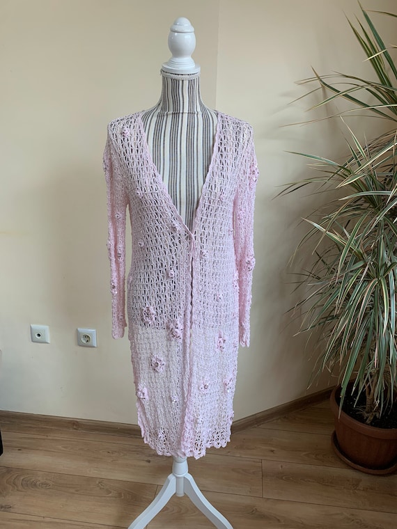 Vintage Light Pink Crochet Cardigan, Asymmetrical Long Sleeve Cardigan, Open Work Lace Cardie, High Low Cardigan for Women S M