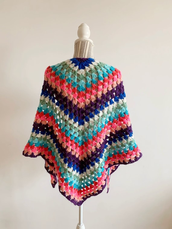 Vintage Bohemian Colorful Crochet Shawl, Multi Color Lace Shawl, Pink Blue Green Purple Piano Shawl, Knit Boho Wrap, Gypsy Triangle Shawl