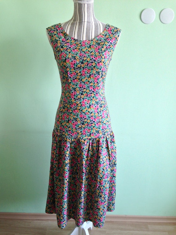 Open V Back Loose Fit Dress, Sleeveless Midi Drop Waist Dress, Vintage 60s 70s Floral Tea Dress, Cotton Summer Dress for Women, Size XS S