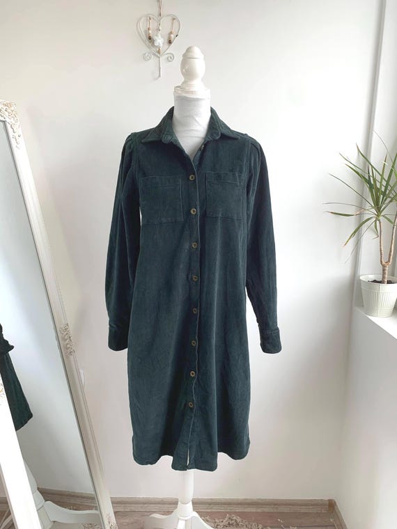 Vintage Dark Green Corduroy Shirtdress S/M, 90s Y2K Button Up Mini Dress, Retro Long Sleeve Overshirt Dress Jacket, Cotton Cord Trench Coat