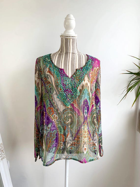 Vintage Y2K Sheer Tulle Overlay Top Size S Long Sleeve Mesh Blouse Sequin Beaded Shirt  Paisley Boho Beach Tunic Transparent Summer Clothes
