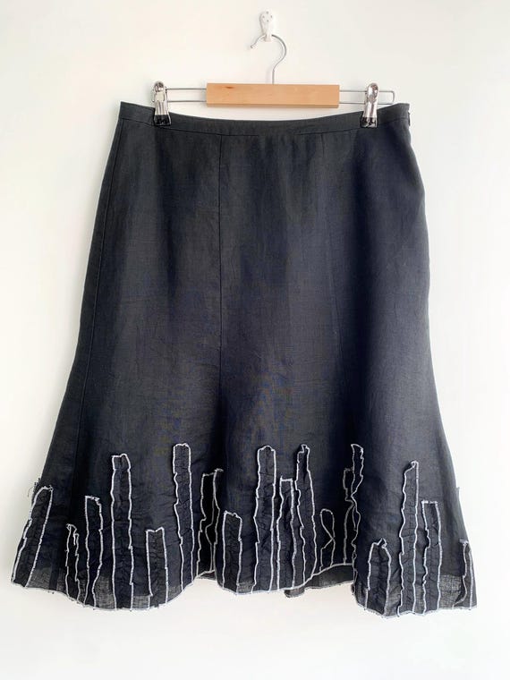 100% Linen Midi Skirt Size 38 M, Black Trumpet A Line Linen Skirt, Flared Flax Skirt With Ruffles, Vintage Clothes Women Pure Linen Clothing