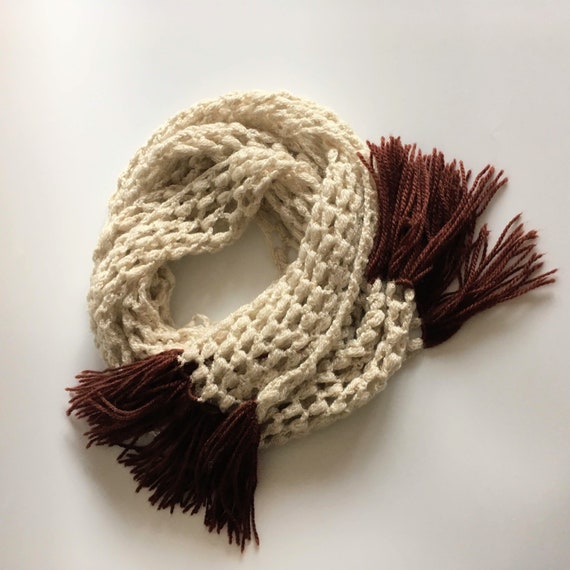 Cream Beige Long Skinny Crochet Scarf with Brown … - image 10
