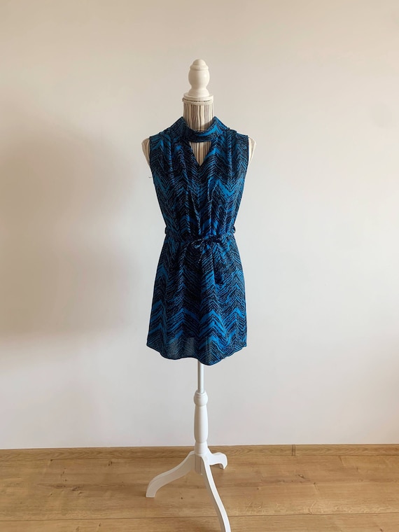 Vintage 60s Cobalt Blue and Black Mini Dress Size S, Sheer Thin Jersey Chevron Tie Up Belted Shift Dress, High Neck Short Collared Dress