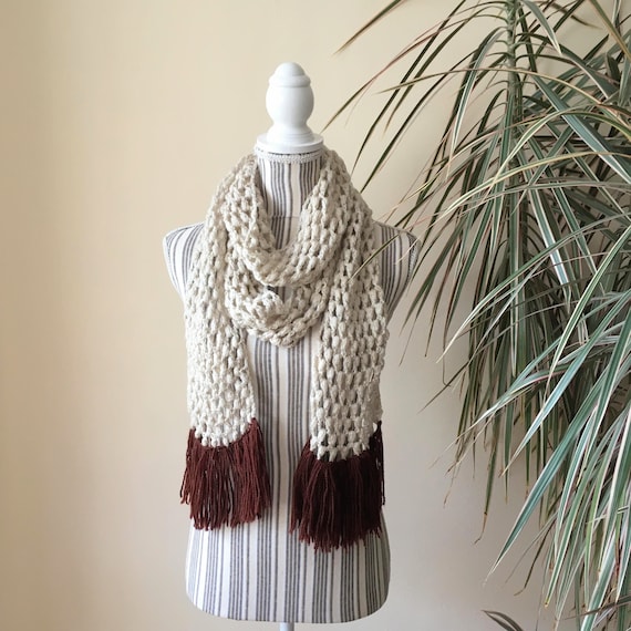 Cream Beige Long Skinny Crochet Scarf with Brown Tassels, Lace Fishnet Crochet Fringed Neck Warmer, Gift for Her