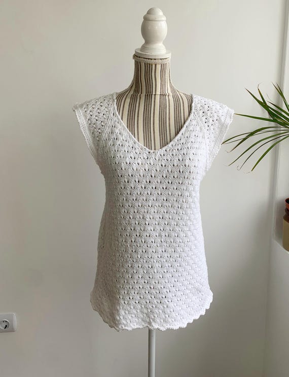 Vintage 80s Knitted Sweater Vest for Women Size M, Handmade Sleeveless Vest, Boho Knit Short Sleeve Sweater, V Neck Lace Knit Tank Top