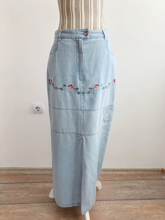 Light Washed Blue Denim Maxi Skirt for Women Size M L, Vintage 90s Y2K Ankle Long Straight Denim Skirt, Embroidery Boho Hippie Grunge Skirt