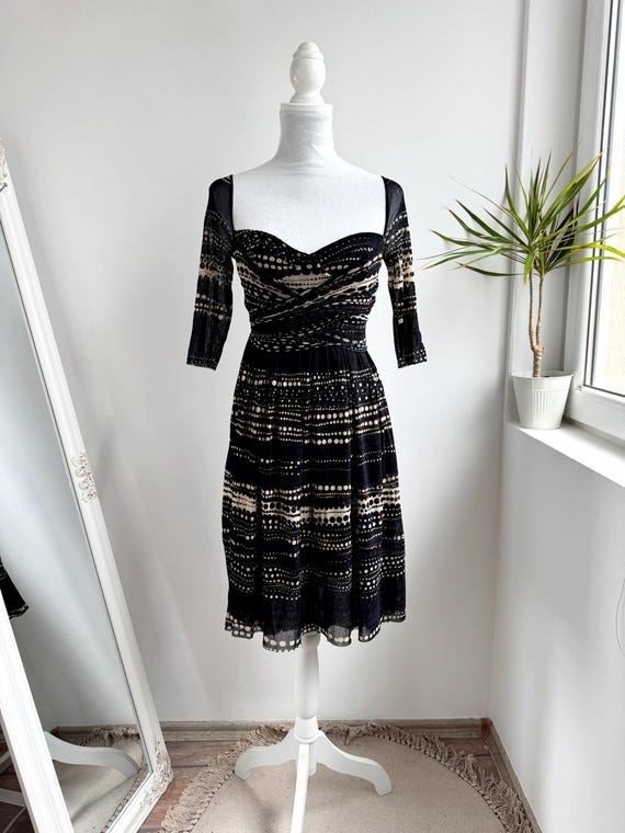 Fuzzi Vintage Black Polka Dot Mesh Midi Dress, Y2K Wrap Tie Bodice Top Italian Designer Boho Sheer Sleeve Multi Way Party Dress Size M