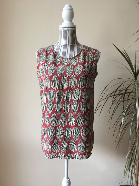 Sleeveless Summer Shift Top with Leaf Pattern, Burnt Orange Boxy Top for Women, Vintage Light Weight Loose Fit Blouse size S