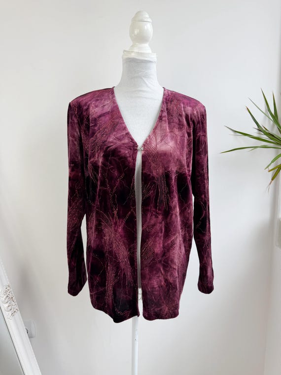 Vintage Magenta Velvet Cardigan Size EUR 40 M/L, Gothic Art Nouveau Bolero Blouse, 90s Stretch Velour Top, Glitter Sparkle Evening Jacket