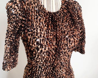 Animal Print Super Stretchy Crinkle Top One Size Women 90s Y2K Deadstock Short Sleeve Popcorn Blouse Brown Beige Silky Satin Bubble Shirt