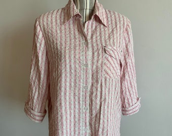Vintage Textured Crepe Button Down Shirt for Women Size L, White Pink Striped Cotton Shirt with Front Pocket, Loose Oversize Collared Blouse