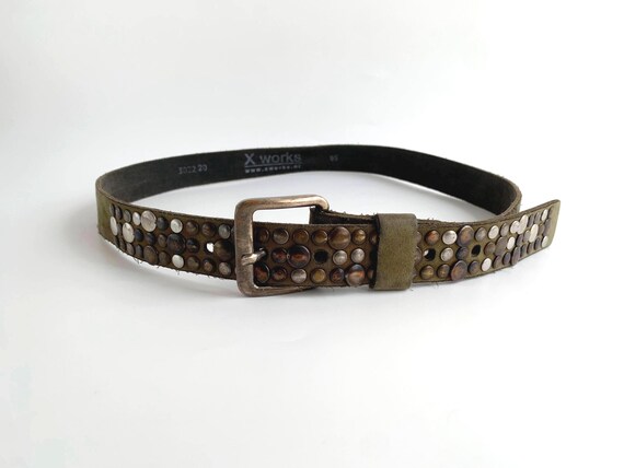 Vintage Olive Green Suede Leather Belt with Mixed Metal Studs 85 cm 33", Boho Edgy Western Narrow Waist Belt, Distressed Slim Waist Belt