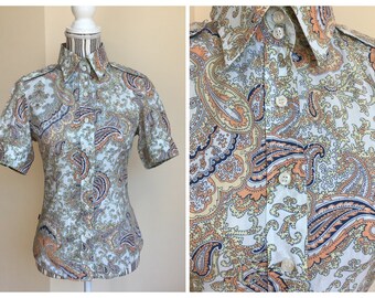 80s Short Sleeve Dress Shirt for Women, Puff Sleeve Cotton Summer Shirt Size S, Paisley Print Floral Vintage Button Down Retro Shirt