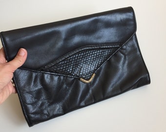 Crossbody Clutch Bag, Slim Leather Clutch, Black Envelope Purse, Elegant Clutch Wallet, Real Leather Handbag, 80s Shoulder Clutch Purse