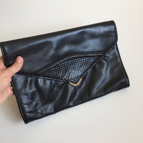 Crossbody Clutch Bag, Slim Leather Clutch, Black Envelope Purse, Elegant Clutch Wallet, Real Leather Handbag, 80s Shoulder Clutch Purse