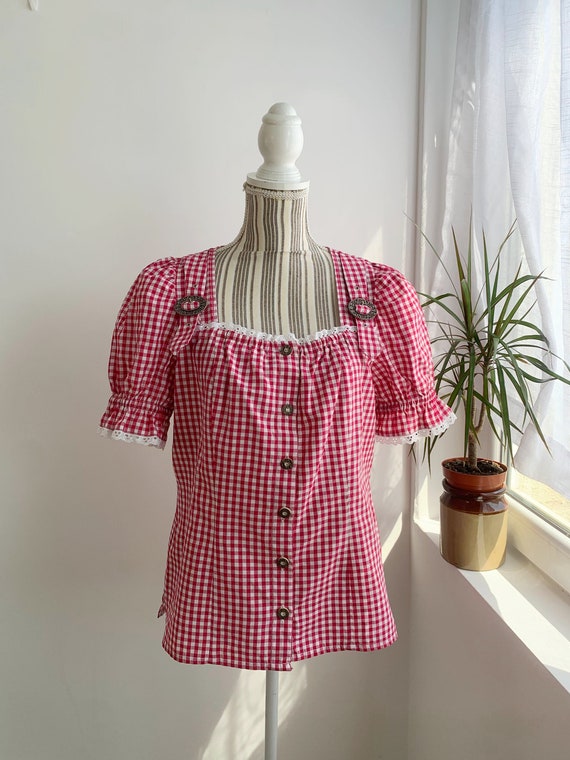 Vintage Checked Summer Button Up Top Size L, Oktoberfest Dirndl Cottagecore Milkmaid Top Under Corset, Pink Red Puff Sleeves Gingham Blouse